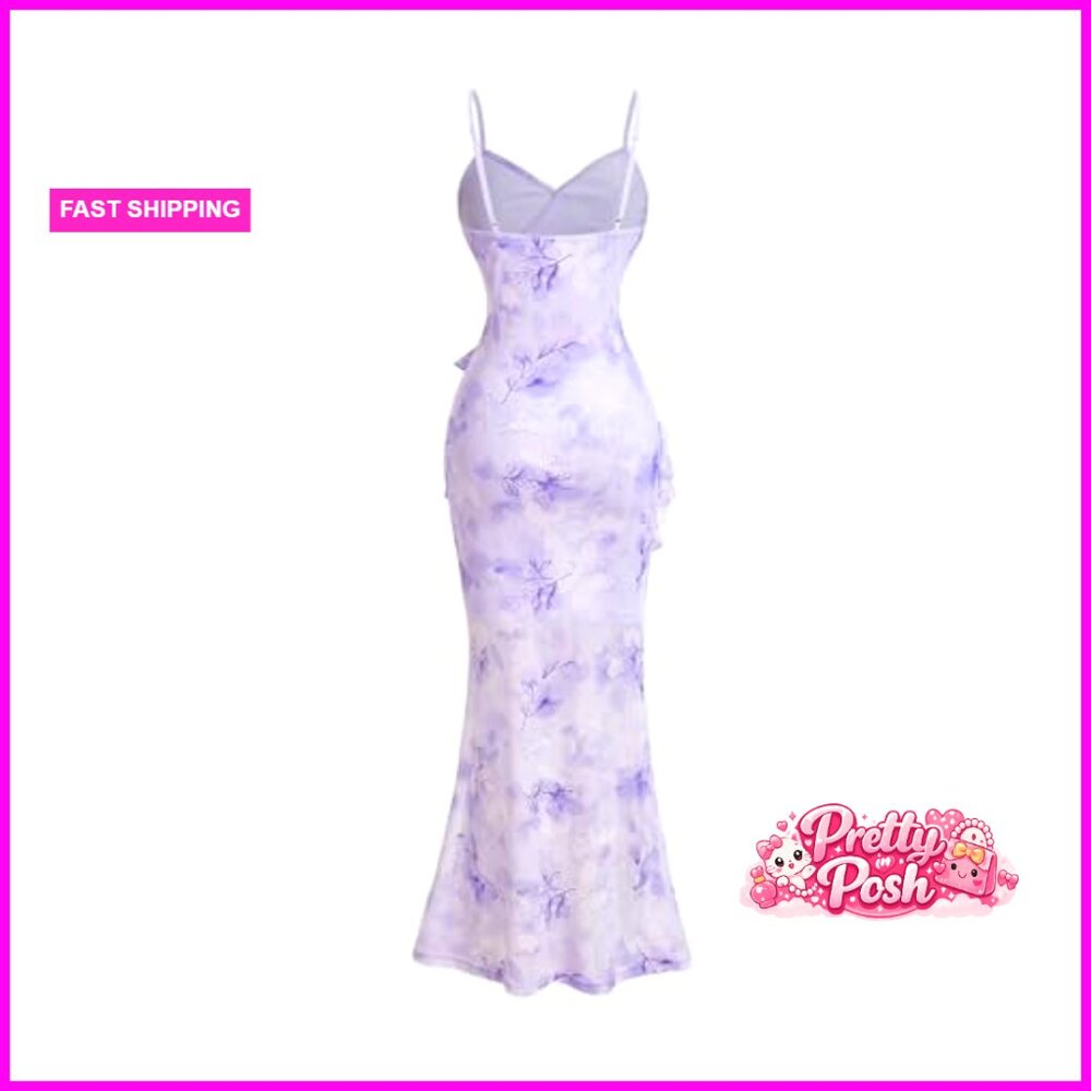 Polyester Elastane Floral Ruffle Split Thigh Long… - image 3